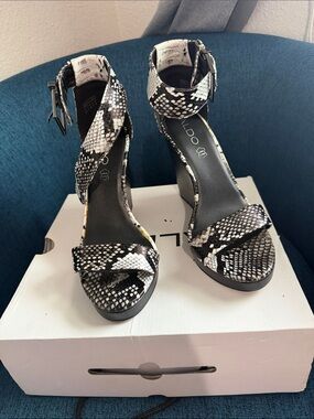 ALDO Black and White Snake-Print Wedge Sandals with Ankle Strap